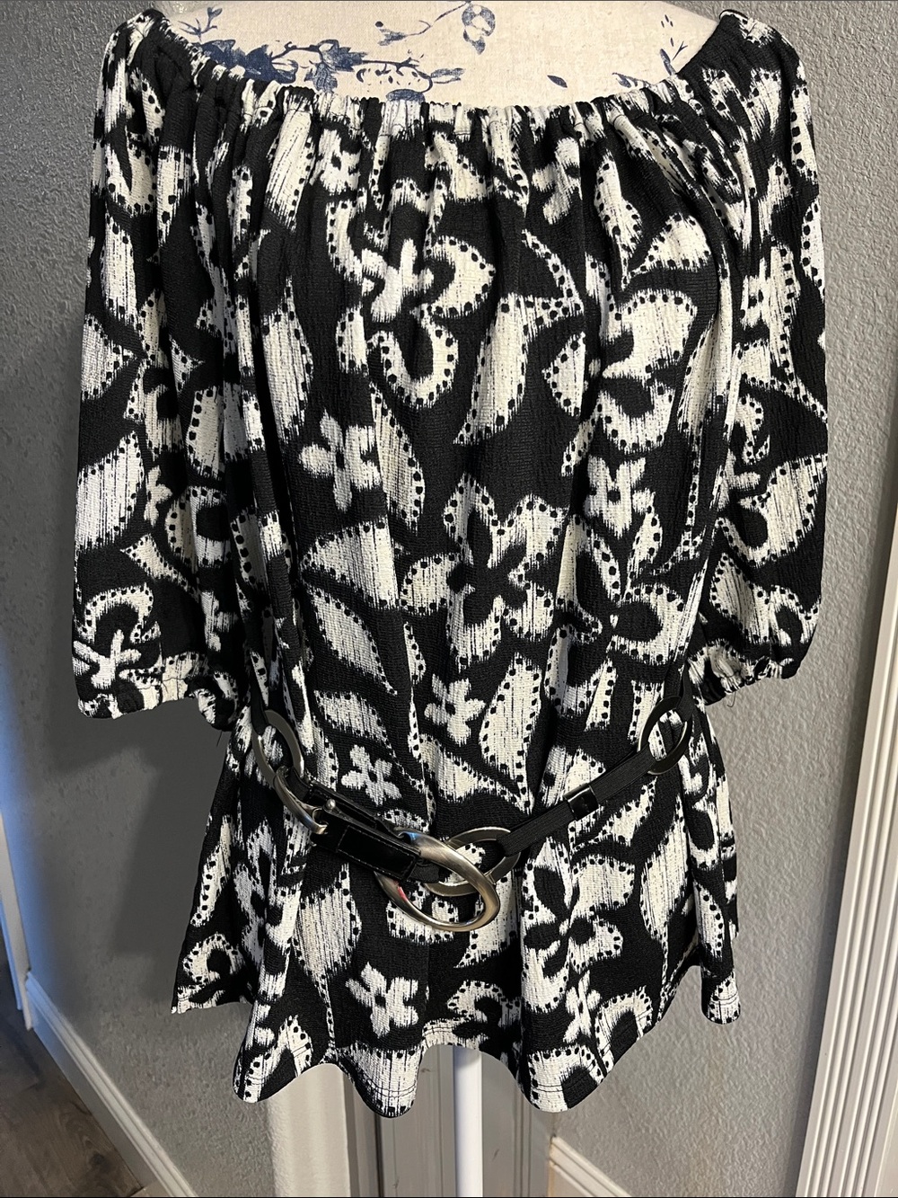 Fred David Black and White Floral Off-Shoulder Tunic